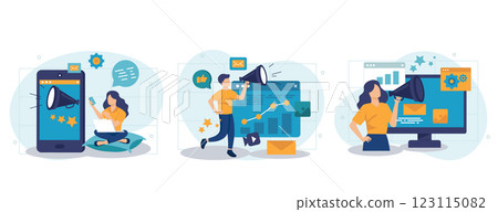 Digital marketing and advertising set. People attraction new clients and online promotion, collection of scenes. Vector illustration for blogging, website, mobile app, promotional materials 123115082