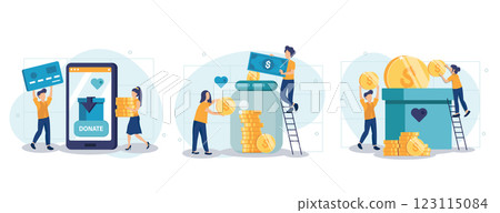 Characters donating money for charity, collecting gold coins in piggy bank, putting clothes and food in donation box. Charity support and saving money concept. Flat cartoon vector illustration. 123115084