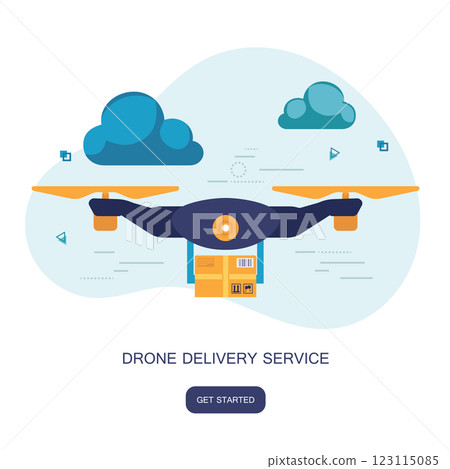Delivery drone with the package. Concept for delivery service. Flat design outline vector illustration. 123115085