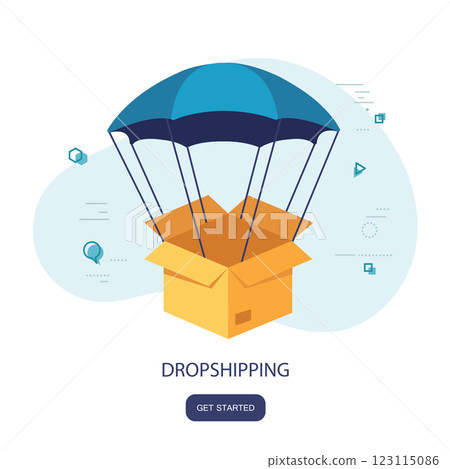 Drop shipping concept. Parachute in the sky delivering package to destination. Vector illustration in line art style Drop shipping concept. Parachute in the sky delivering package to destination. Vector illustration in line art style 123115086