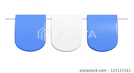 Party bunting 3d render with rounded bottom flags - alternating blue white semicircle pennants mounted on string. Decorative banners showcase glossy finish, smooth curves for celebration designs. 123115161