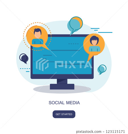 Social network and chatting icon. Global communication, e mailing, web calls. Lap top with speech bubbles. Flat vector illustration 123115171