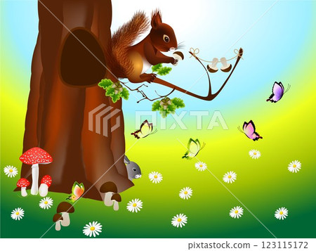 Glade in the forest with cartoon animals and plants. 123115172
