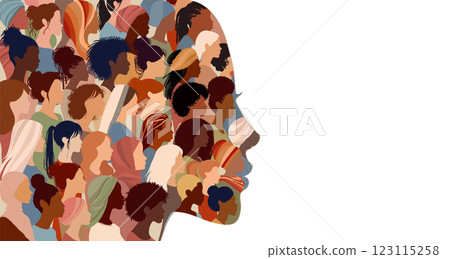 Woman face silhouette in profile with group of multicultural women faces inside.Racial equality anti-racism concept. Woman who gives voice to other group women.Inclusive. Isolated 123115258