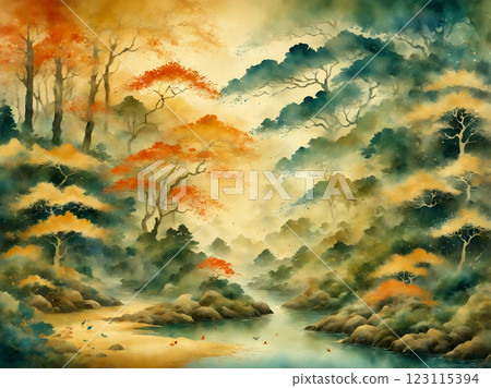 日式水彩畫，金色背景，秋葉 123115394