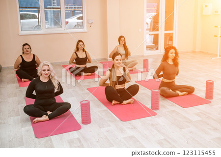 A group of six athletic women doing pilates or yoga on pink mats in front of a window in a beige loft studio interior. Teamwork, good mood and healthy lifestyle concept. A group of six athletic women doing pilates or yoga on pink mats in front of a window in a beige loft studio interior. Teamwork, good mood and healthy lifestyle concept. 123115455