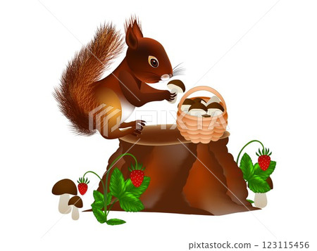 Squirrel on a stump with mushrooms. 123115456