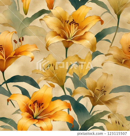 日式水彩畫,金色背景,百合花 日式水彩畫,金色背景,百合花 123115507