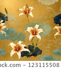 Japanese style watercolor painting, gold background, lily flower 123115508