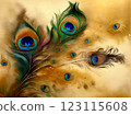 Japanese-style watercolor painting, gold background, peacock feathers 123115608