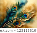 Japanese-style watercolor painting, gold background, peacock feathers 123115610