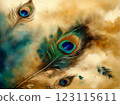Japanese-style watercolor painting, gold background, peacock feathers 123115611