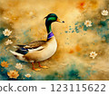 Japanese style watercolor painting, gold background, duck 123115622