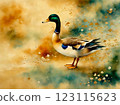 Japanese style watercolor painting, gold background, duck 123115623