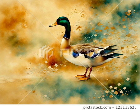 日式水彩畫,金色背景,鴨子 日式水彩畫,金色背景,鴨子 123115623