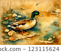 Japanese style watercolor painting, gold background, duck 123115624