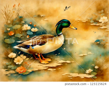 Japanese style watercolor painting, gold background, duck Japanese style watercolor painting, gold background, duck 123115624