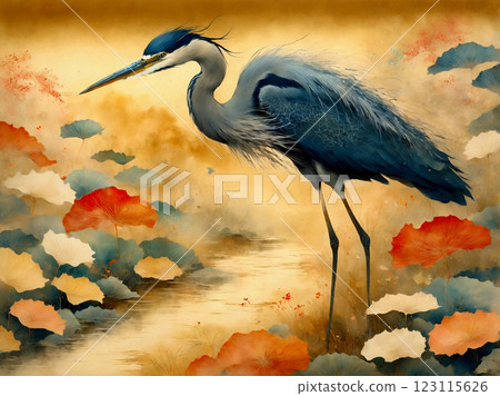 Japanese-style watercolor painting, gold background, heron 123115626