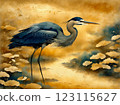 Japanese-style watercolor painting, gold background, heron 123115627