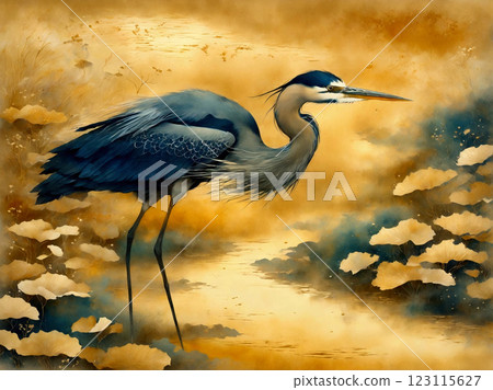 Japanese-style watercolor painting, gold background, heron 123115627