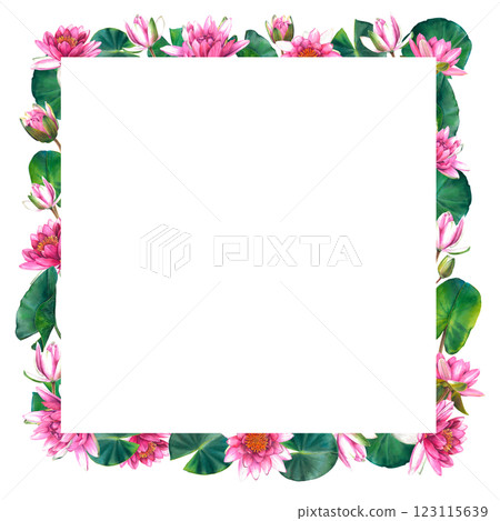 Floral square frame with pink water lily flowers, leaves and buds. Hand drawn watercolor illustration of lotus on isolated background. Bouquet of exotic greenery for spa, zen or wedding design. Floral square frame with pink water lily flowers, leaves and buds. Hand drawn watercolor illustration of lotus on isolated background. Bouquet of exotic greenery for spa, zen or wedding design. 123115639