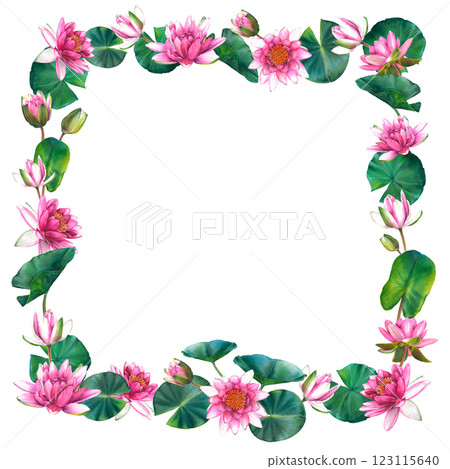 Pink water lily flowers with leaves and buds. Floral square frame with place for text. Hand drawn watercolor illustration of lotus on pink isolated background. Botanical drawing for spa or zen design. Pink water lily flowers with leaves and buds. Floral square frame with place for text. Hand drawn watercolor illustration of lotus on pink isolated background. Botanical drawing for spa or zen design. 123115640