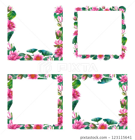 Set of floral square frames with pink water lily flowers, leaves and buds. Hand drawn watercolor illustration of lotus on isolated background. Bouquet of exotic greenery for spa, zen or wedding design Set of floral square frames with pink water lily flowers, leaves and buds. Hand drawn watercolor illustration of lotus on isolated background. Bouquet of exotic greenery for spa, zen or wedding design 123115641