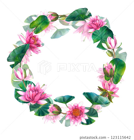 Wreath with beautiful pink lotus flowers, leaves and buds. Hand drawn watercolor botanical illustration of water lilies on white isolated background. Floral backdrop for spa, zen or wedding design. Wreath with beautiful pink lotus flowers, leaves and buds. Hand drawn watercolor botanical illustration of water lilies on white isolated background. Floral backdrop for spa, zen or wedding design. 123115642