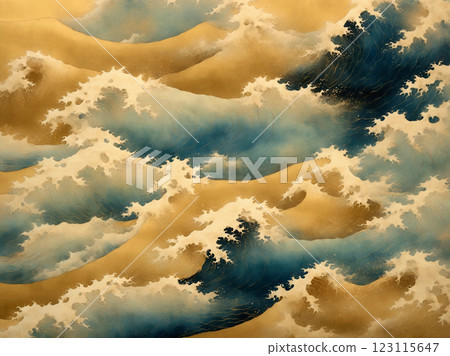 Japanese style watercolor gold background wave 123115647