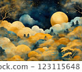 Japanese style watercolor painting, gold background, moonlit night 123115648