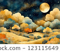 Japanese style watercolor painting, gold background, moonlit night 123115649
