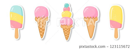A set of ice cream of different shapes on a white background. Fashionable design in the style of pop art of the 80s A set of ice cream of different shapes on a white background. Fashionable design in the style of pop art of the 80s 123115672