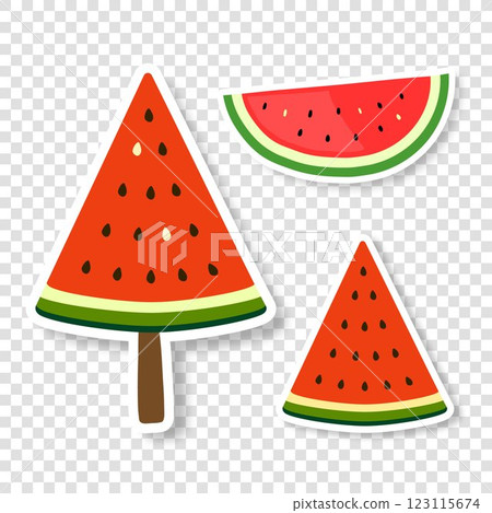 A set of stickers or icons made of three slices of watermelon on a transparent background. A set of stickers or icons made of three slices of watermelon on a transparent background. 123115674