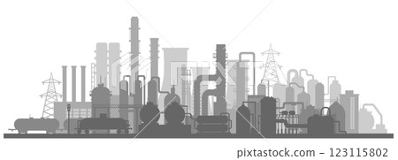 Industrial zone with chemical factories, plants, ironworks, warehouses, enterprises. Background in the flat style 123115802