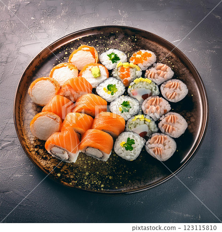 Vibrant Sushi Assortment with Whimsical Faces Vibrant Sushi Assortment with Whimsical Faces 123115810