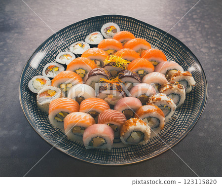 Vibrant Sushi Assortment with Whimsical Faces 123115820