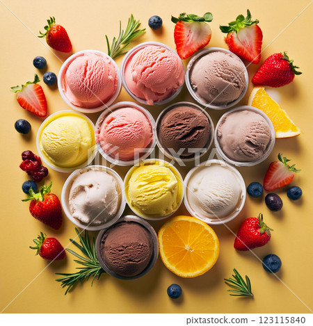 Vibrant Ice Cream Scoops with Fresh Fruits 123115840