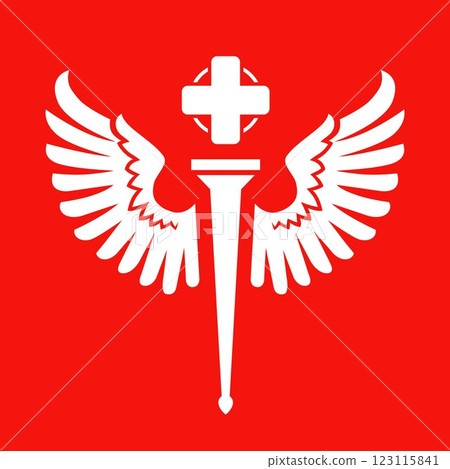 Symbol of medicine with wings on a red background. 123115841