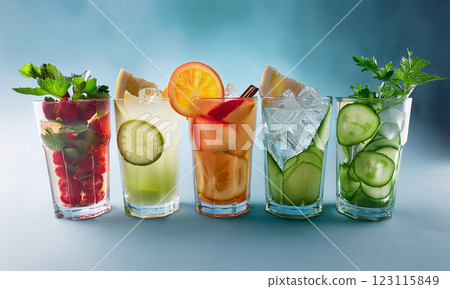 Colorful Cocktail Array with Fresh Garnishes 123115849
