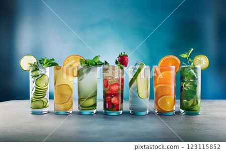 Colorful Cocktail Array with Fresh Garnishes Colorful Cocktail Array with Fresh Garnishes 123115852