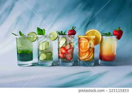 Colorful Cocktail Array with Fresh Garnishes 123115853
