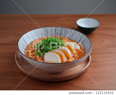 Colorful Ramen Bowl on Wooden Table Colorful Ramen Bowl on Wooden Table 123115918
