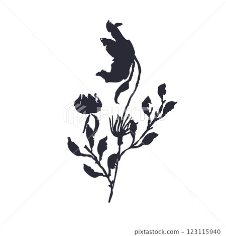 Black and white minimal rustic inky flower silhouette 123115940