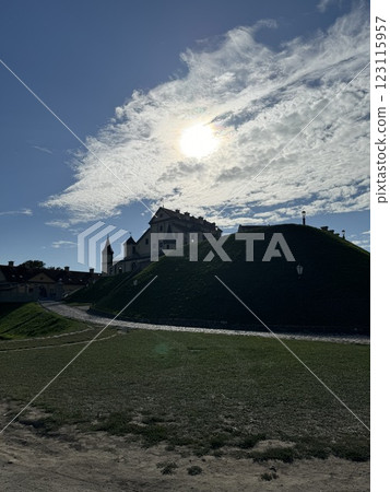 Historic castle on a green hill under a bright sky 123115957