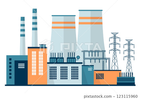 Electricity generation, nuclear power plant. Industrial factory and plant buildings  123115960