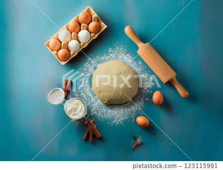 Baking Ingredients Spread on Blue Tabletop 123115991