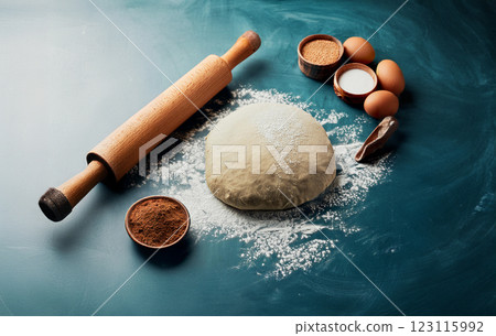 Baking Ingredients Spread on Blue Tabletop 123115992