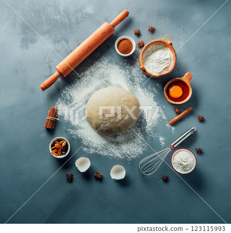 Baking Ingredients Spread on Blue Tabletop 123115993