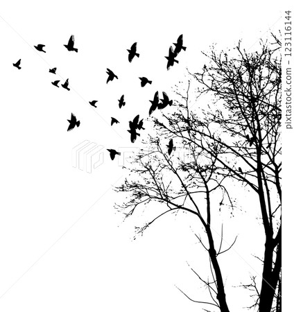 Tree silhouette and flying birds. hand drawing. Not AI Vector Tree silhouette and flying birds. hand drawing. Not AI Vector 123116144