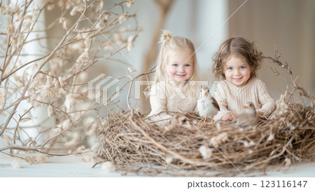Happy children smiling in a bird's nest 123116147